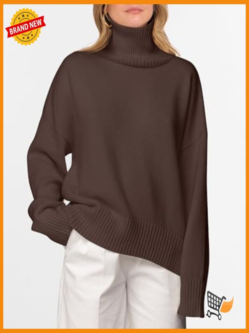 Oversized Chunky Knit Turtleneck Sweater Pullover Long Sleeve High Low Hem - Picture 2 of 7